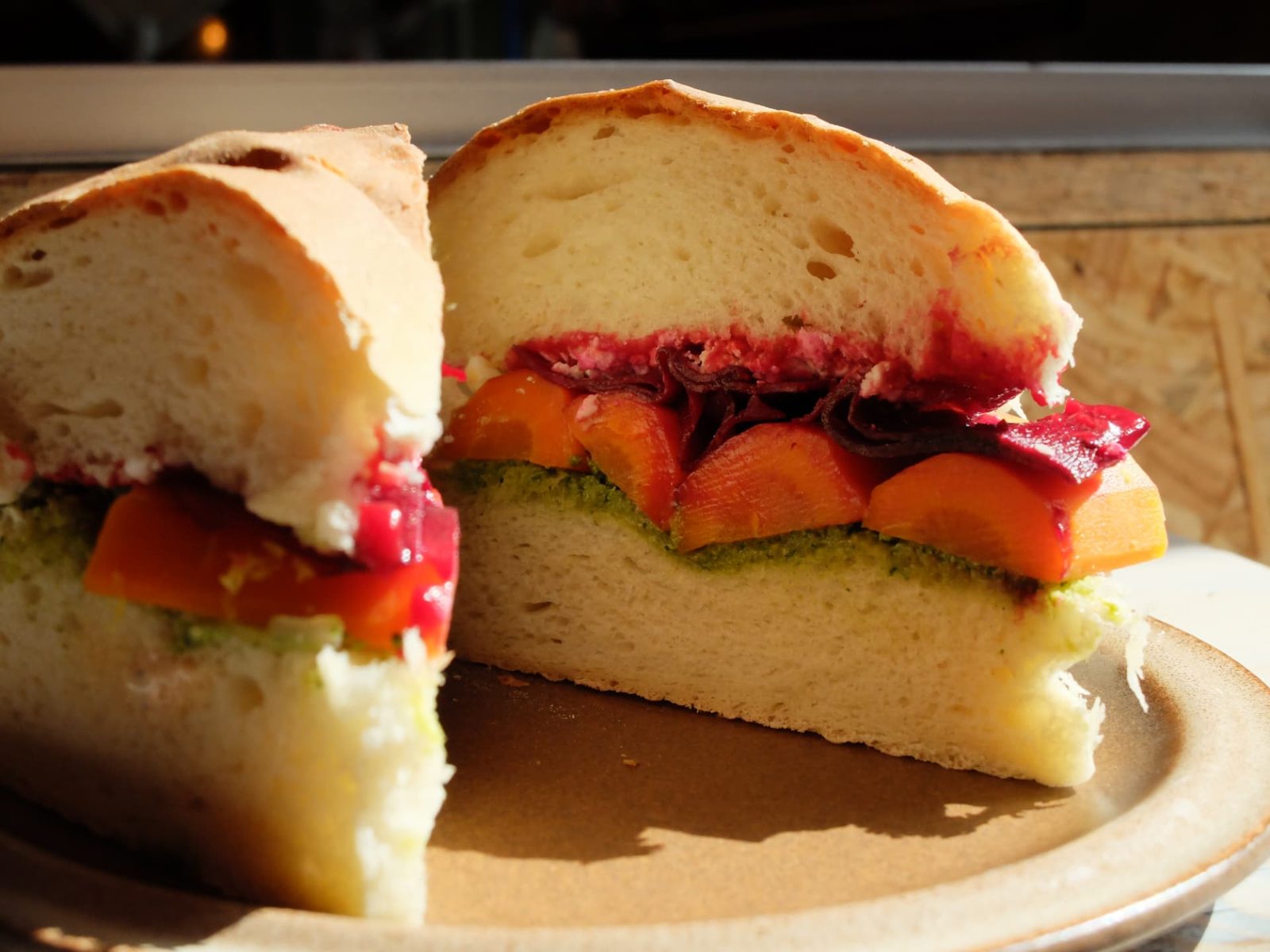 Slow-cooked carrot, feta and beetroot sandwich from the counter
